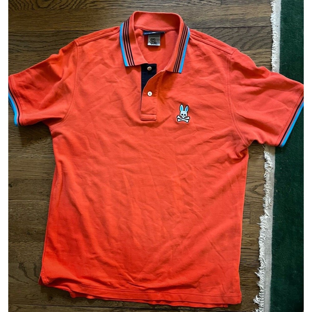 Psycho Bunny By Robert Godley Polo Orange Blue Logo Mens Large - Picture 2 of 5